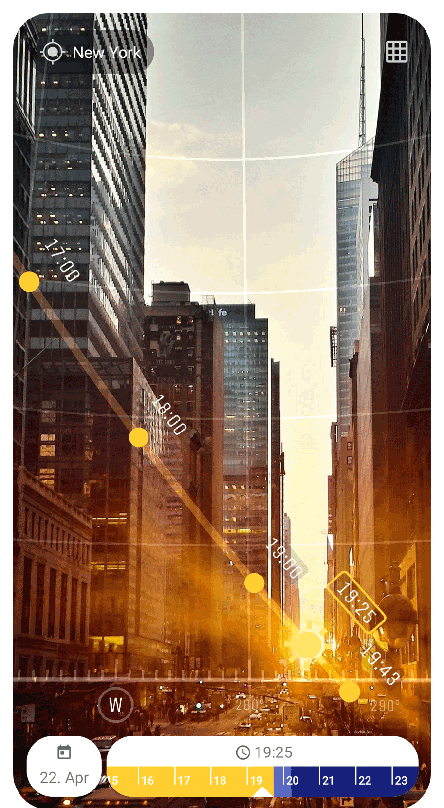 SunOnTrack App Screenshot showing AR 3D live sun movement for New York City