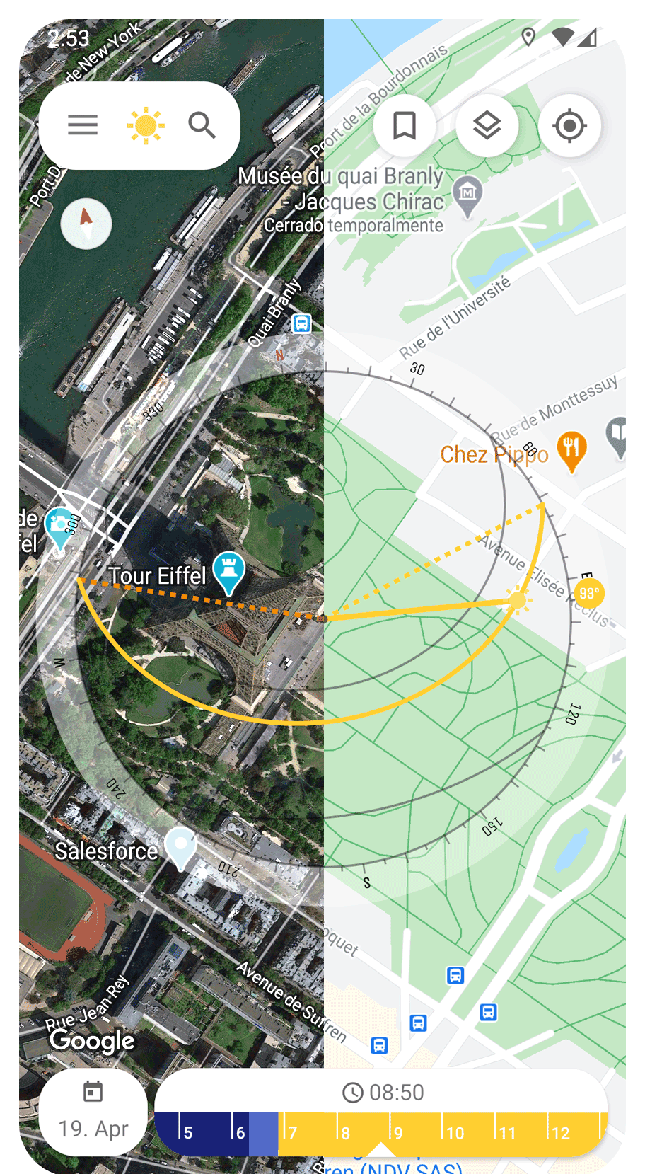 SunOnTrack App Screenshot showing Map View for Eiffel Tower with different map styles