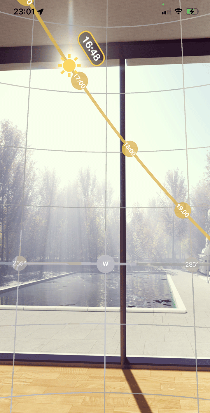 SunOnTrack App Screenshot showing AR 3D View displaying sun movement in a living room