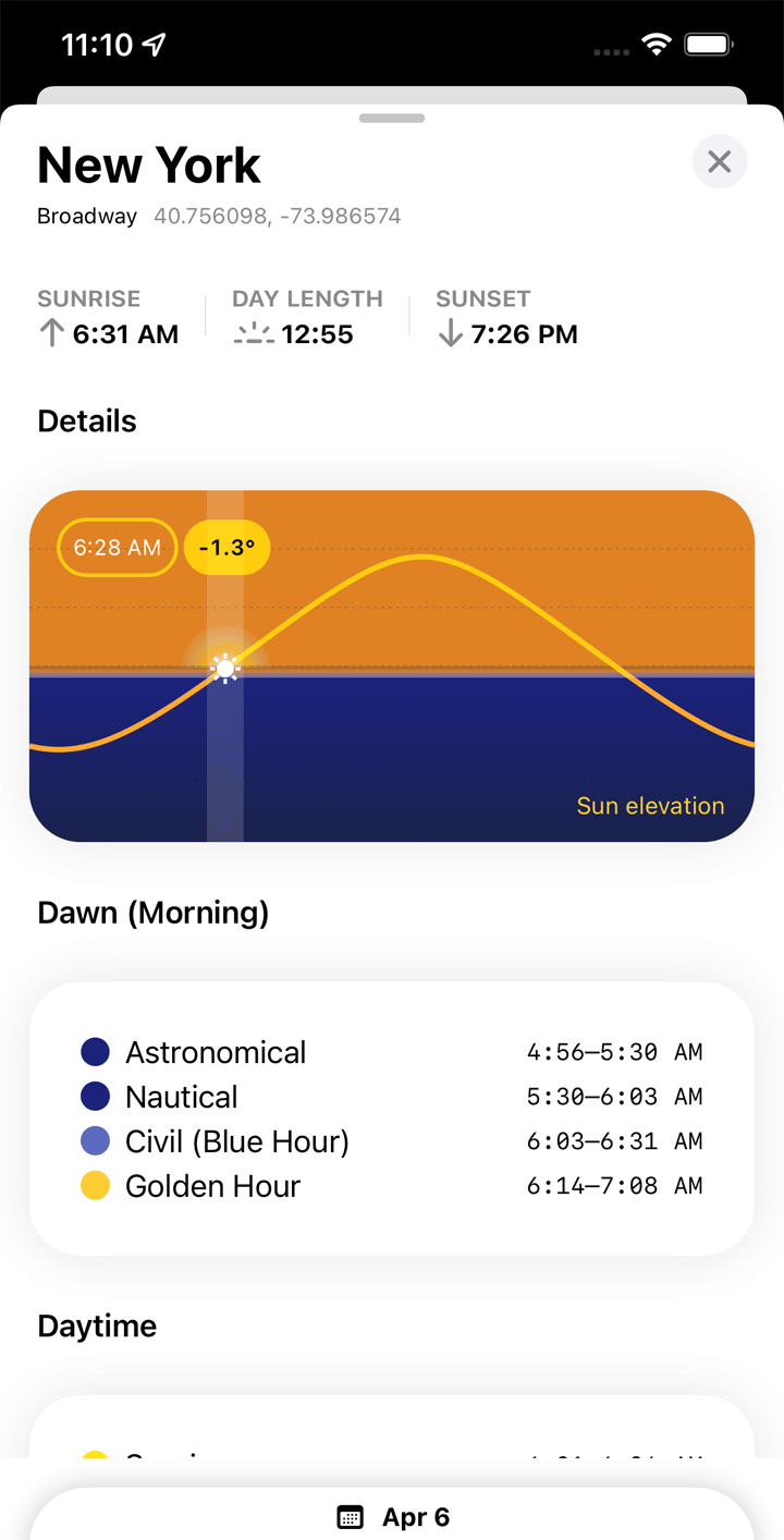 SunOnTrack App Screenshot showing Data View and sun data for Vienna