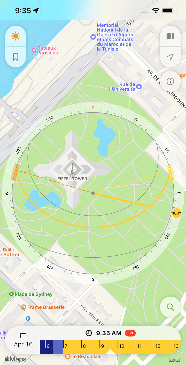 SunOnTrack App Screenshot showing Map Sun Simulation for a photo spot at Brooklyn Bridge